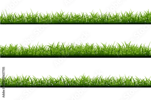 Vector realistic isolated green grass borders with dew on the white background for decoration.