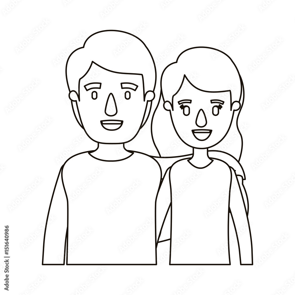silhouette caricature half body couple woman with short wavy hair and man vector illustration silhouette caricature half body couple woman with short wavy hair and man vector illustration