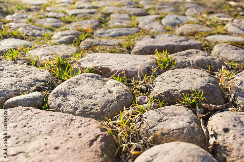Road paved of stone background texture with grass