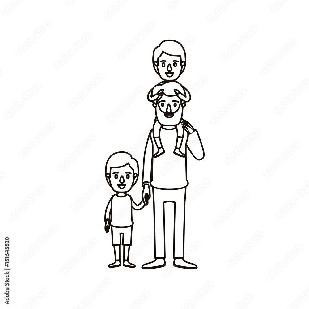 silhouette caricature bearded father with boy on his back and kid taken hands vector illustration silhouette caricature bearded father with boy on his back and kid taken hands vector illustration