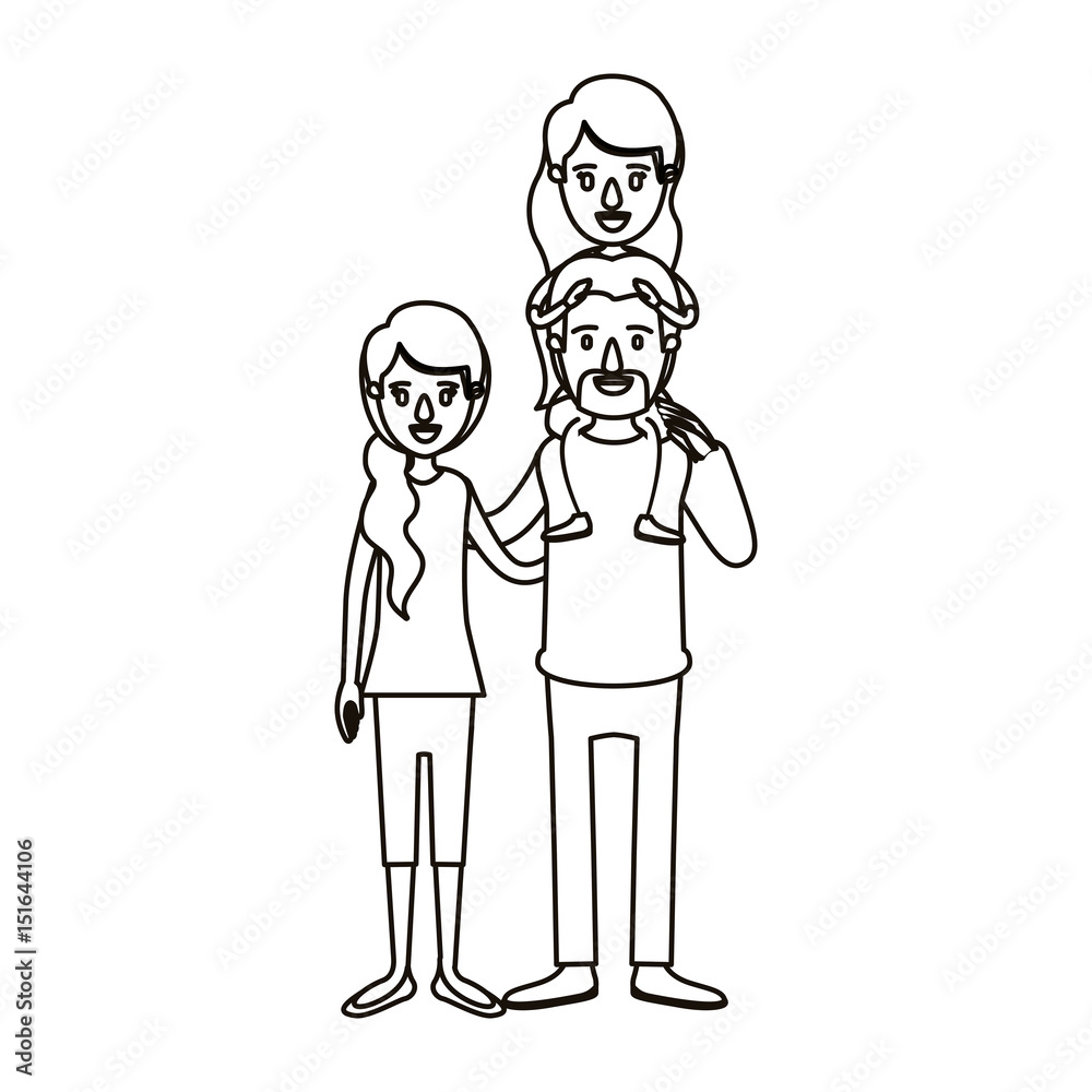 silhouette caricature family with mother and father with moustache and girl on his back vector illustration silhouette caricature family with mother and father with moustache and girl on his back vector illustration