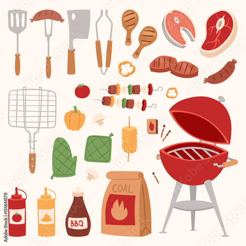 Barbecue home or restaurant rarty dinner products bbq grilling kitchen equipment vector flat illustration