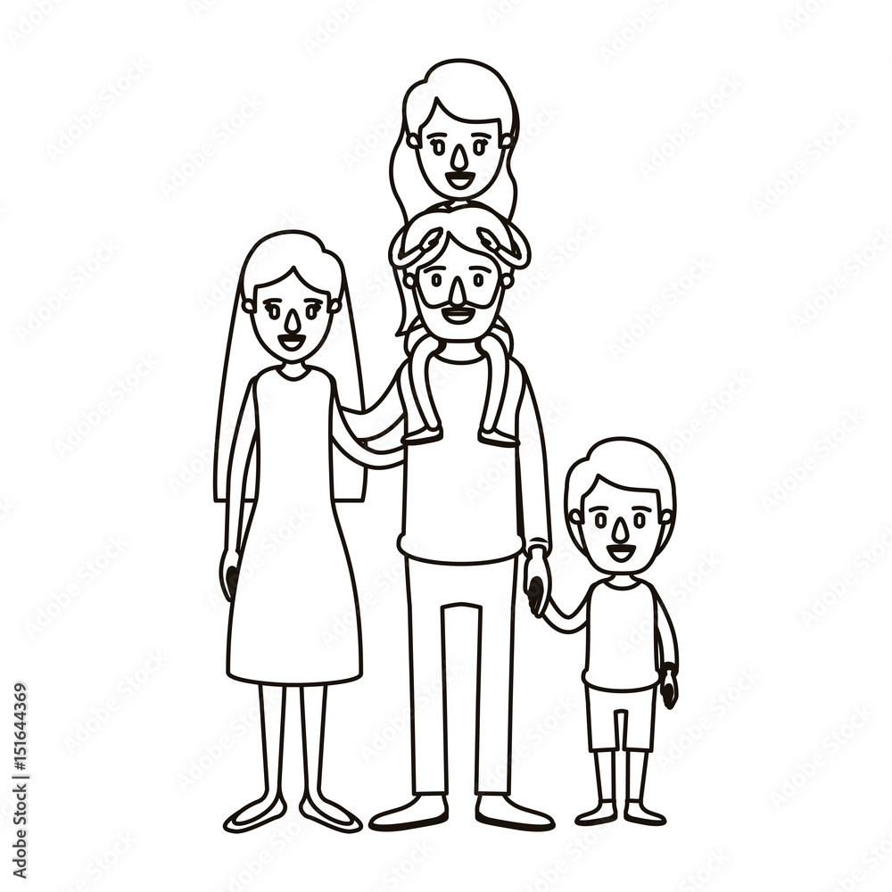 silhouette caricature family parents with girl on his back and boy taken hands vector illustration