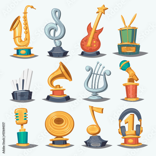 Cartoon music award statuette entertainment winner top artist achievement prize vector illustration.