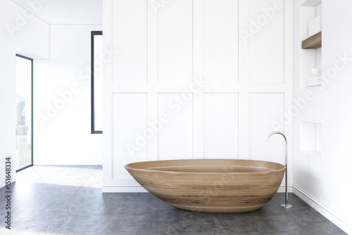 White bathroom  wooden tub