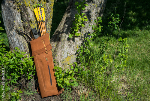 Εκτύπωση καμβά Traditional archery re-curve bow in the quiver with the arrows leaning on a tree