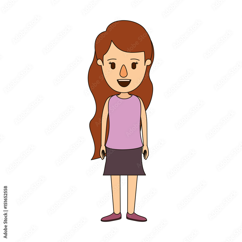 color image caricature full body woman with wavy long hair in skirt vector illustration color image caricature full body woman with wavy long hair in skirt vector illustration