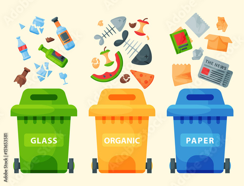 Recycling garbage elements trash bags tires management industry utilize waste can vector illustration.