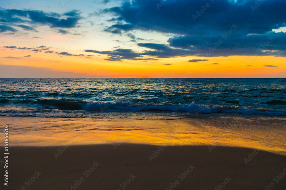 Sunset over sea beach wave scene