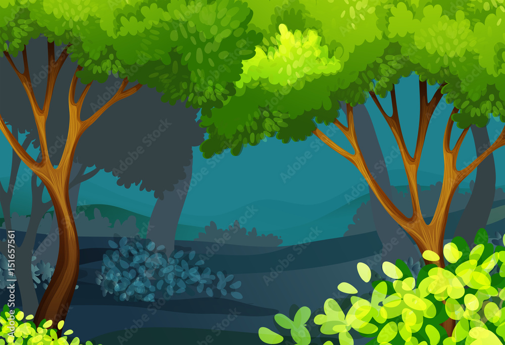 Forest scene with trees and bush
