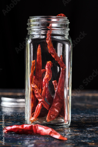 Dried Red Chili Peppers in a Spice Jar
