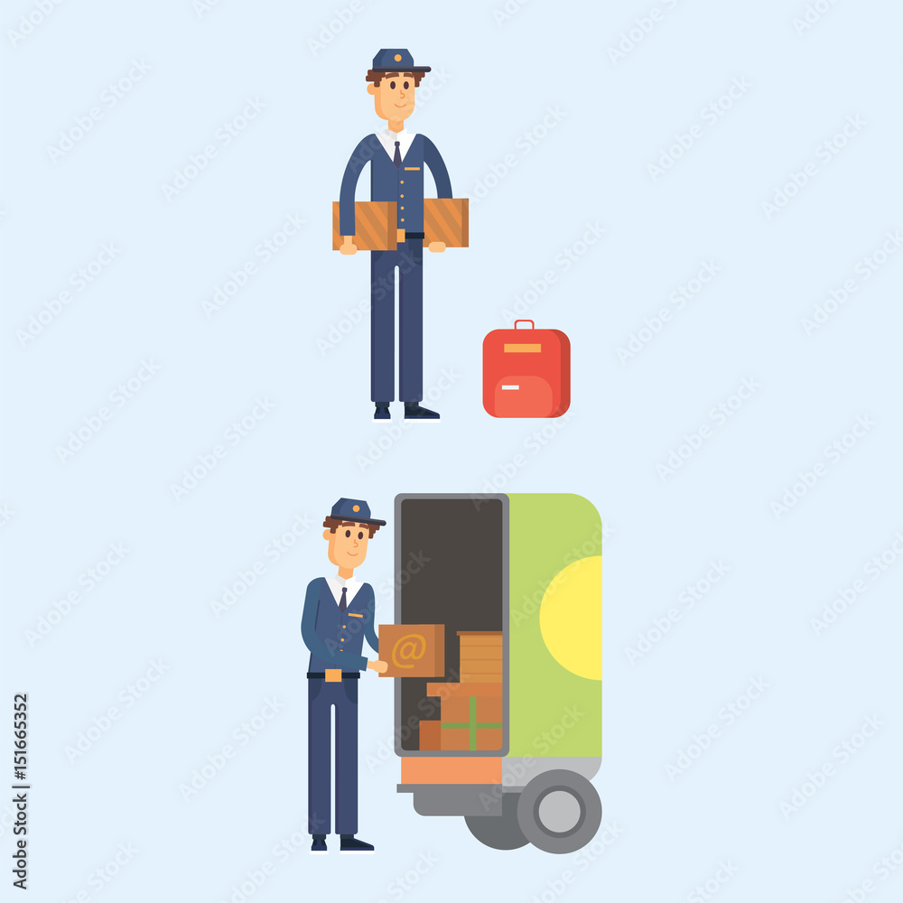 Postman delivery man character vector courier occupation carrier cute male package transportation.