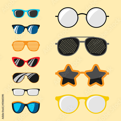 Fashion set sunglasses accessory sun spectacles plastic frame modern eyeglasses vector illustration.
