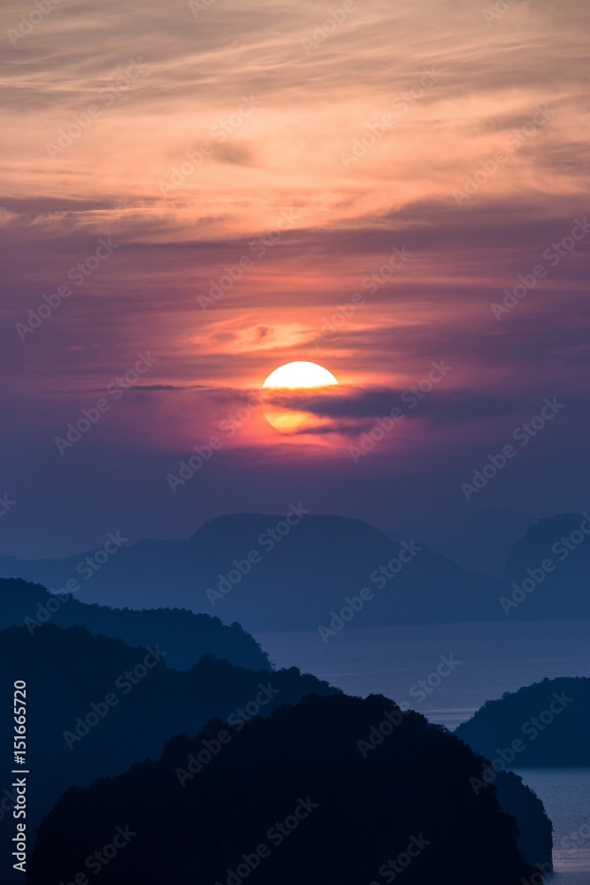 Majestic sunrise over the mountains at Samet Nangshe, Thailand