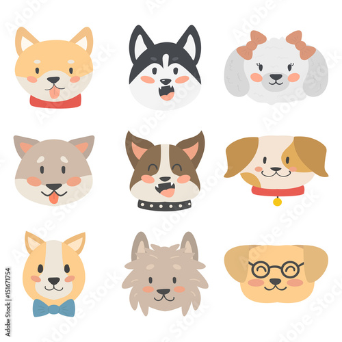 Fototapeta Naklejka Na Ścianę i Meble -  Funny cartoon dog character heads bread cartoon puppy friendly adorable canine vector illustration.