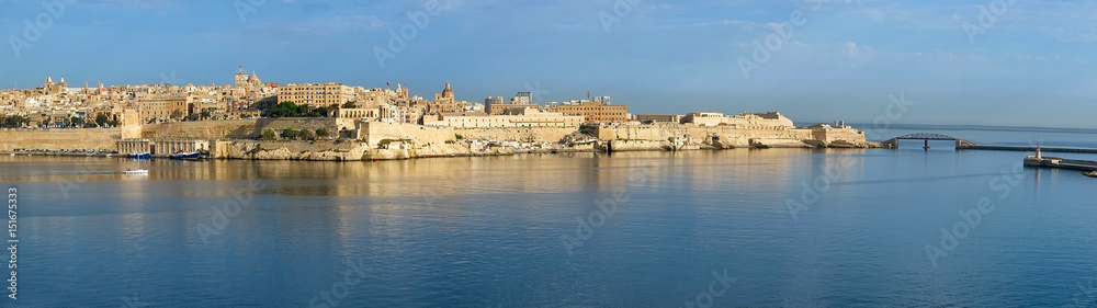 The panoramic view of Valletta and Grand harbor from the Kalkara penincula. Malta