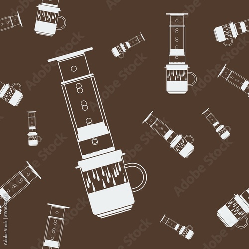 Editable Aeropress Manual Brewing Coffee Maker Vector Illustration in Flat Monochrome Style as Seamless Pattern for Creating Background of Cafe Related Purposes