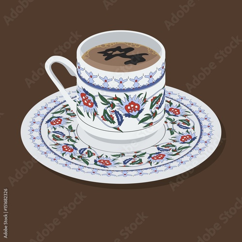 Editable Turkish Coffee in A Typical Tulip Patterned Fincan Demitasse Cup Vector Illustration for Cafe or Ottoman Turkish Culture and Tradition Related photo