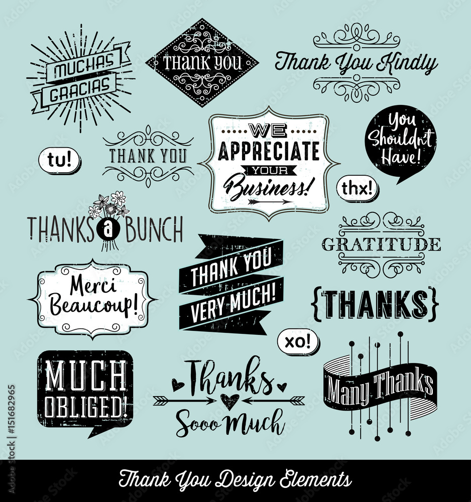 Fototapeta premium Set of thank you card design elements with separate distressed layer. Vector illustration.