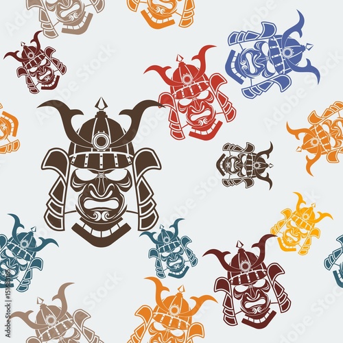 Editable Flat Style Samurai Ancient Japanese Warrior Face Mask Vector Illustration Seamless Pattern in Various Colors for Creating Background of Tourism Travel and Historical or Cultural Education