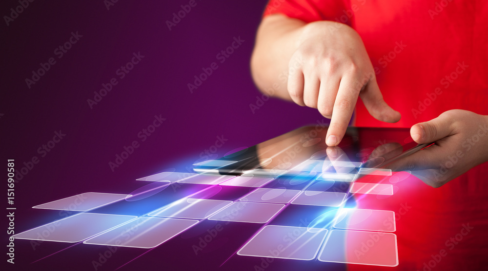 Close up of hand holding tablet with cyber application Close up of hand holding tablet with cyber application