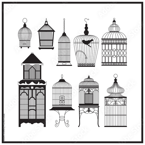 Fototapet Set of ornamental vintage birdcage