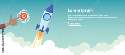 businessman launch a rocket to the space. successful new business project startup company concept banner flat vector illustration photo