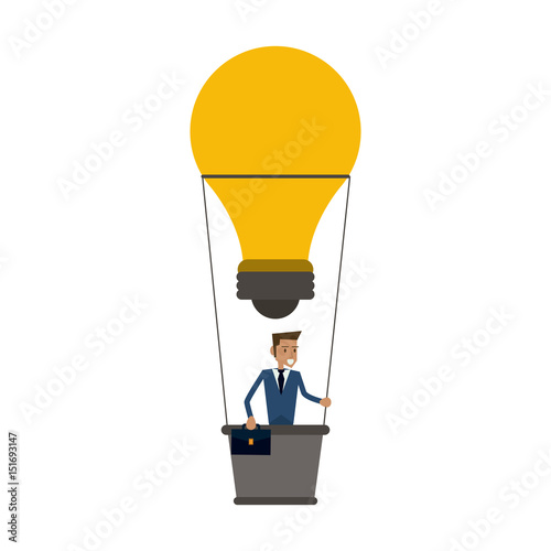 young businessman on hot air balloon in lightbulb shape idea concept icon image vector illustration design 