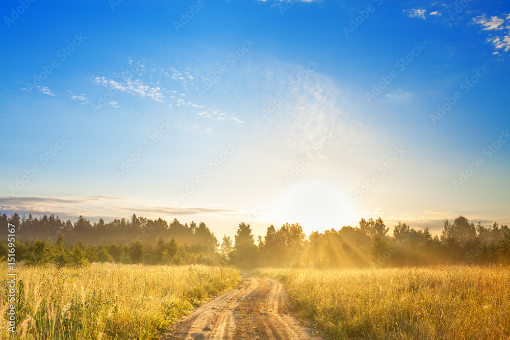  rural landscape with sunrise  and  road