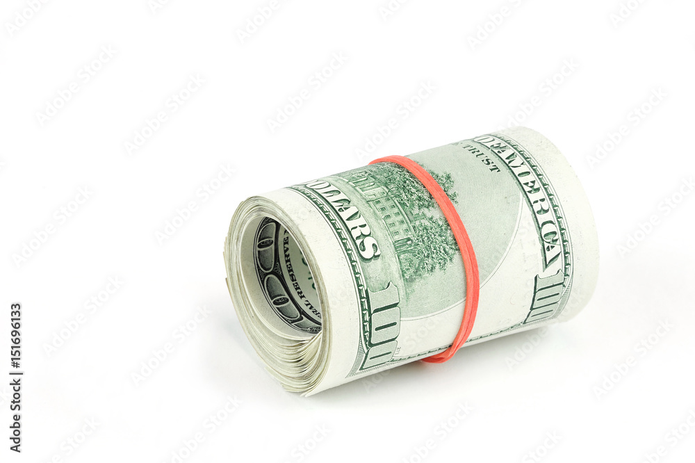 roll of hundred USA dollar bills with red rubber roll of hundred USA dollar bills with red rubber