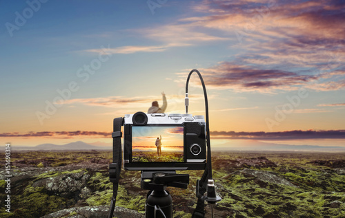 Photograph a natural landscape in sunrise, with blurred defocus backgrounds