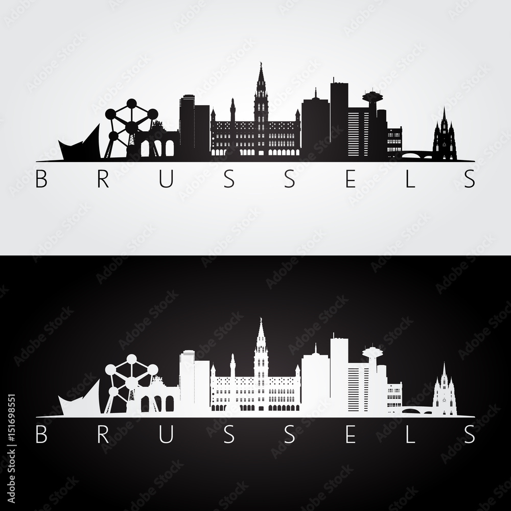 Brussel skyline and landmarks silhouette, black and white design.