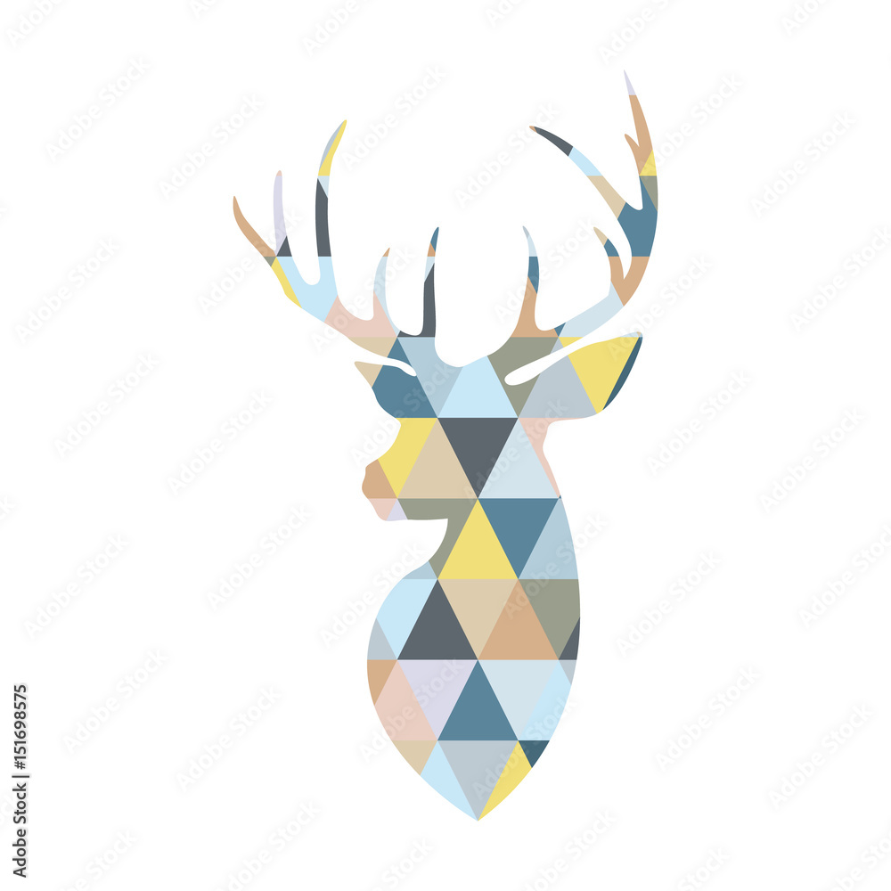 Deer head formed by triangular multicolored shapes. Scandinavian style. - obrazy, fototapety, plakaty 