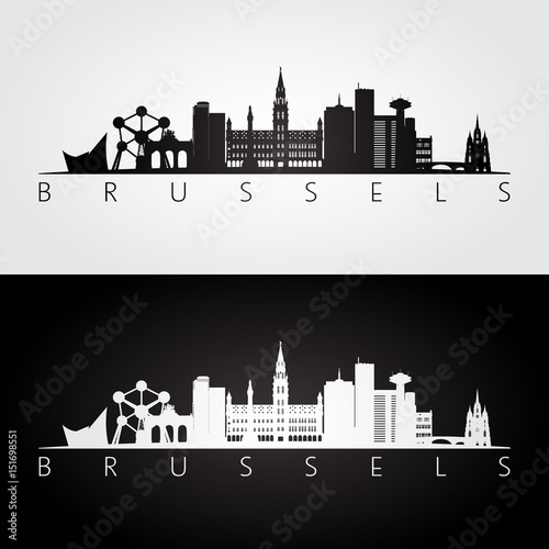Brussel skyline and landmarks silhouette, black and white design. photo