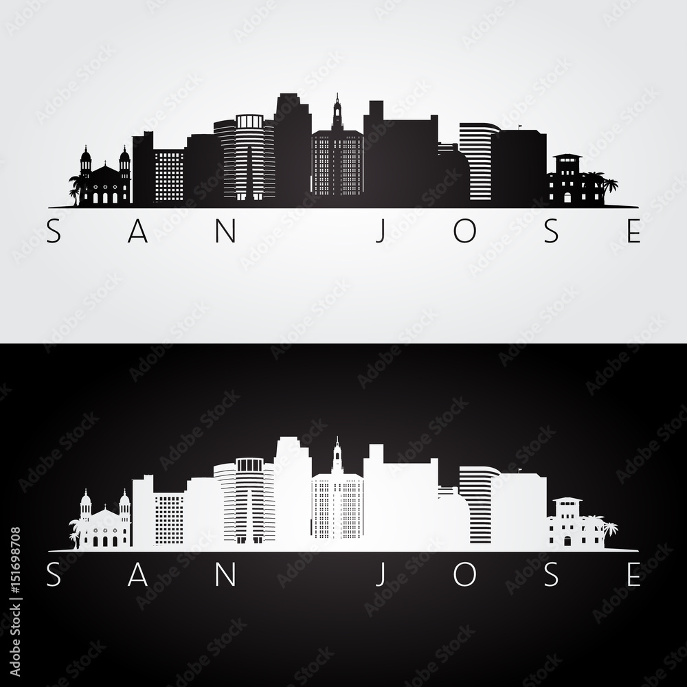 San Jose USA skyline and landmarks silhouette, black and white design.