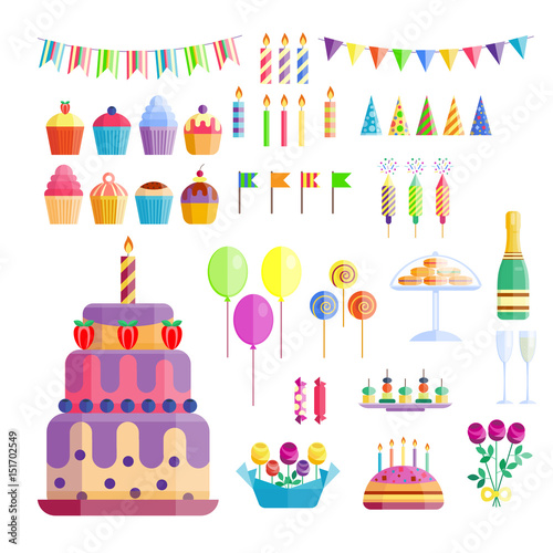 Party icons celebration happy birthday surprise decoration cocktail event anniversary vector.