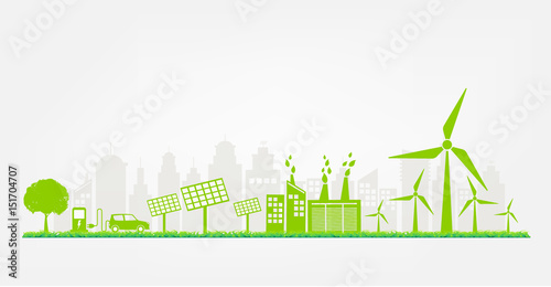 Windmills and Solar cells for generating electricity power for green city, vector illustration