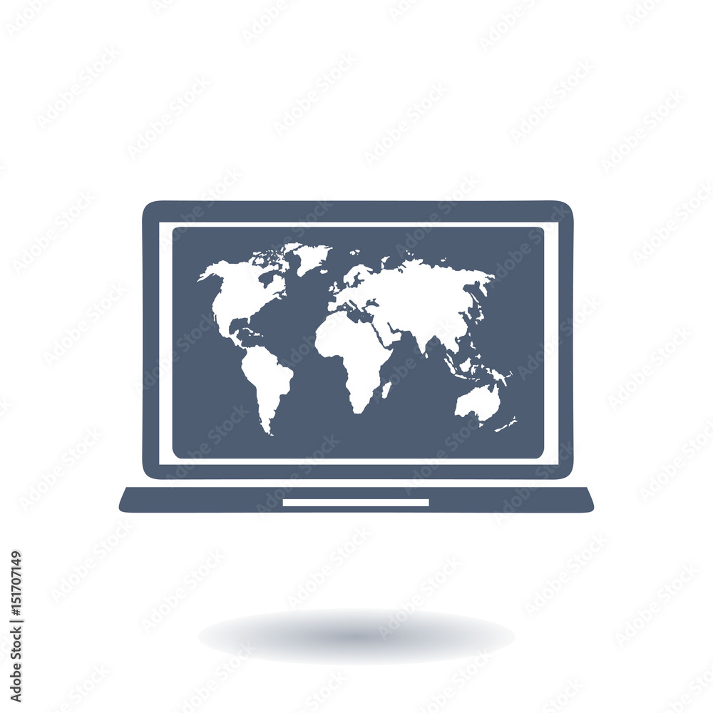 Laptop and world map illustration. World map geography symbol. Flat design style. Laptop and world map illustration. World map geography symbol. Flat design style.