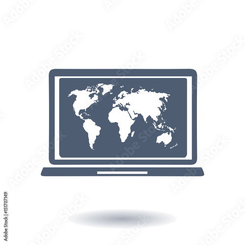 Laptop and world map illustration. World map geography symbol. Flat design style. 