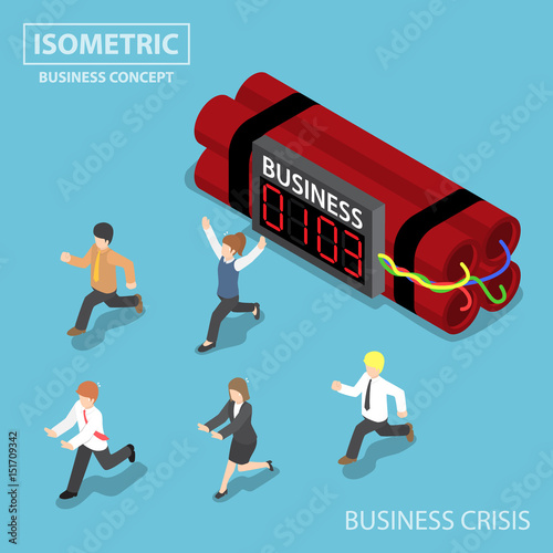 Isometric businessman run away from business timer bomb