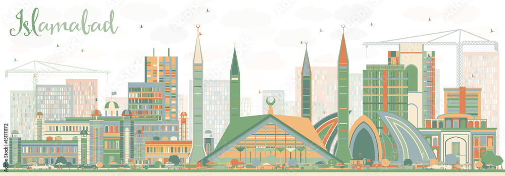 Abstract Islamabad Skyline with Color Buildings.