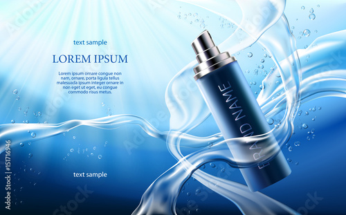 Vector 3D illustration for the promotion of cosmetic moisturizing anti-aging premium product. Matt turquoise bottle with the open cap on a blue background with flowing water and light rays