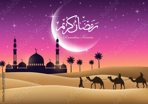 Ramadan Kareem greeting card with mosque and night sky. Moon and stars. Vector illustration. 
