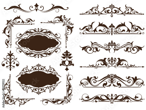 Vintage ornaments design elements floral curlicues white background curbs frame corners stickers. Borders, monograms and dividers patterns on a white background