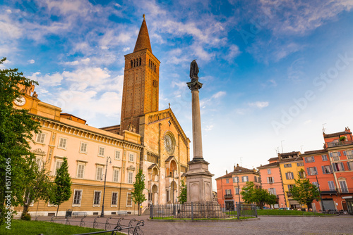 Piacenza, medieval town, Italy. Piazza Duomo in the city center with the cathedral of Santa Maria Assunta and Santa Giustina, warm light at sunset. Emilia Romagna photo
