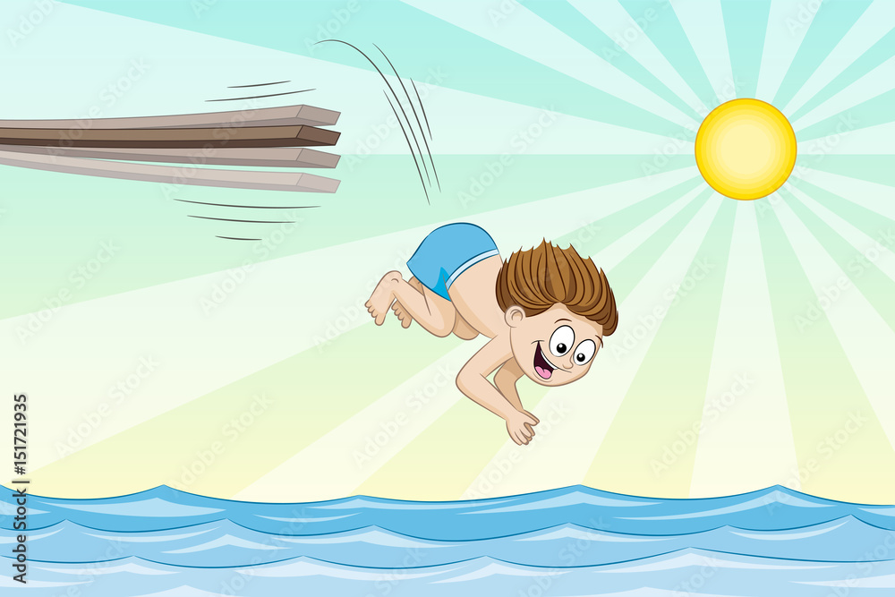Little boy is jumping from a jumpboard into the water