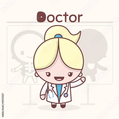 Cute chibi kawaii characters. Alphabet professions. Letter D - Doctor.