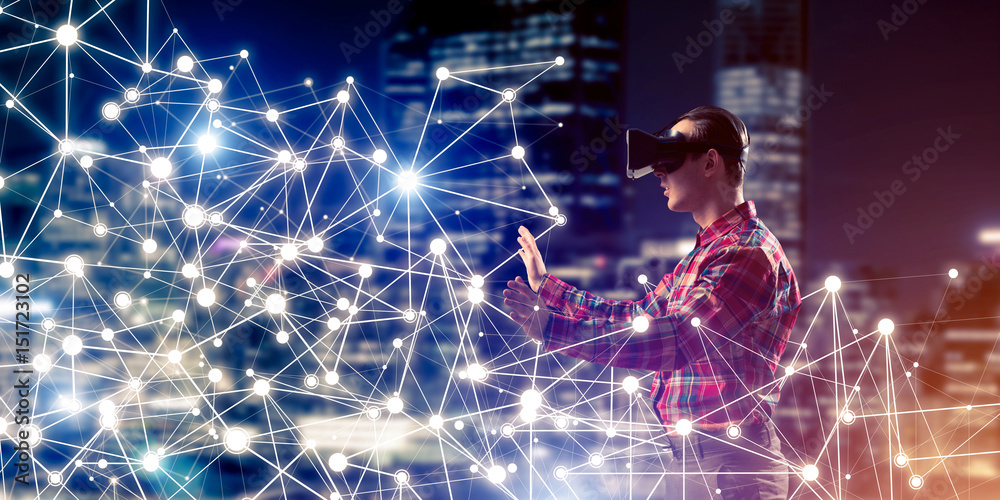 Guy wearing checked shirt and virtual mask reaching hand to feel Guy wearing checked shirt and virtual mask reaching hand to feel