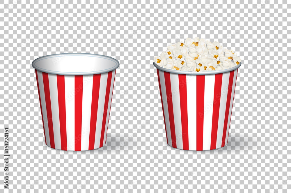 Empty and full popcorn buckets isolated on transparent background. Vector illustration. Empty and full popcorn buckets isolated on transparent background. Vector illustration.