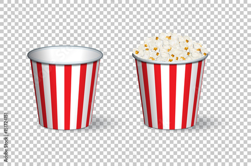 Empty and full popcorn buckets isolated on transparent background. Vector illustration.